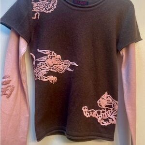 Dragon Motif Women's Sweater - Pink and Brown